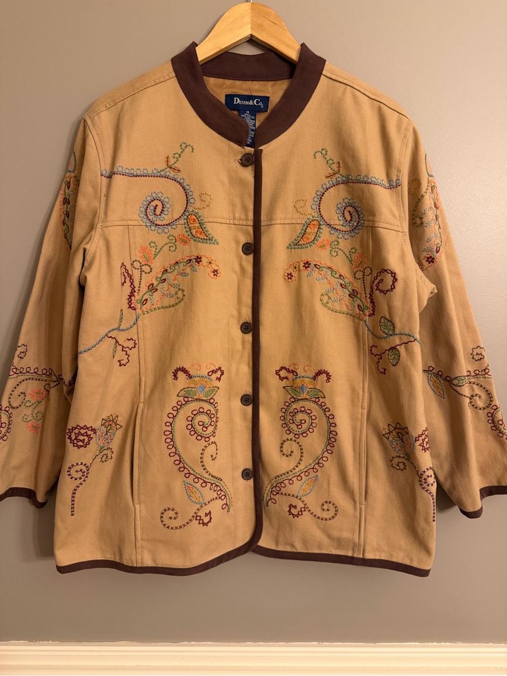 Denim & Co Tan Embroidered Utility Jacket Boho Western Folk 1x